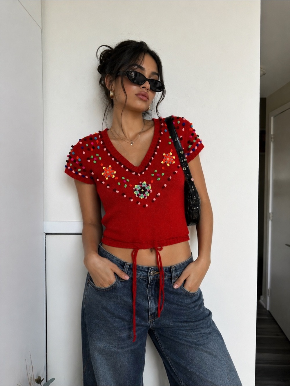 Kenzo Jeans Red Embellished V-Neck Knit Top Y2K Chic Beaded Detail, Size L AS IS